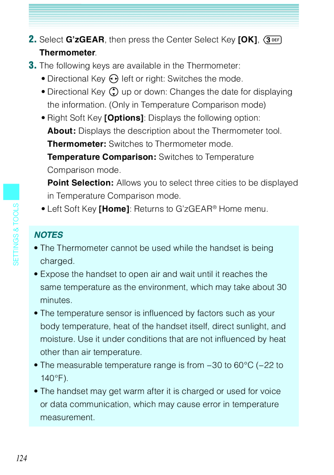 Casio Ravine manual 124, Select G’zGEAR, then press the Center Select Key OK, , Thermometer 