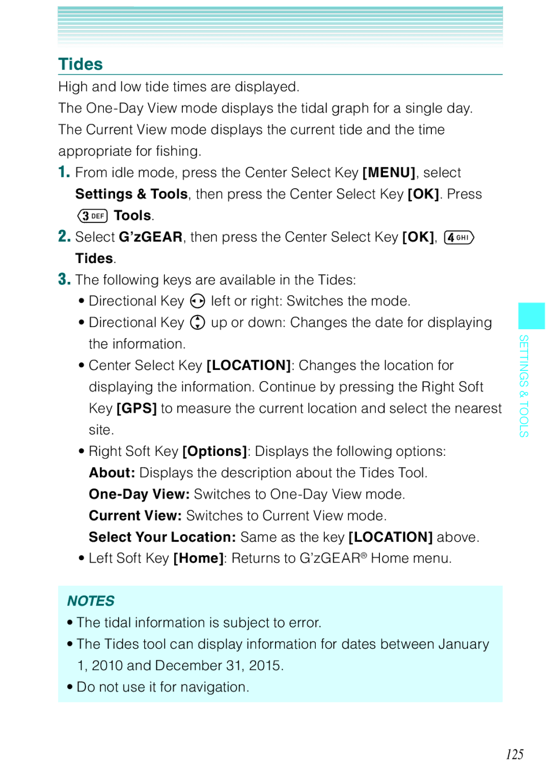 Casio Ravine manual Tides, 125, Select Your Location Same as the key Location above 