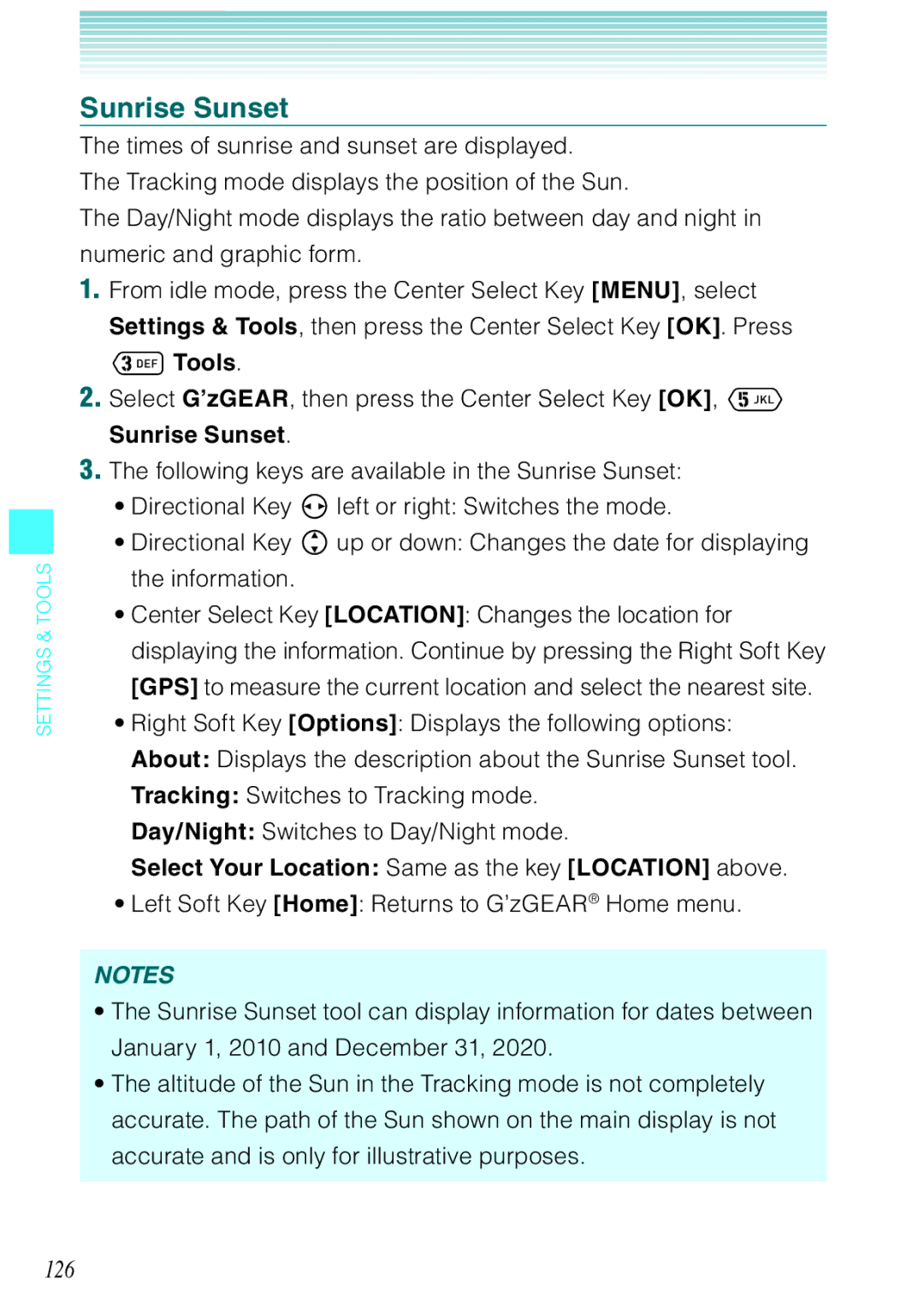 Casio Ravine manual Sunrise Sunset, 126, Select G’zGEAR, then press the Center Select Key OK,  