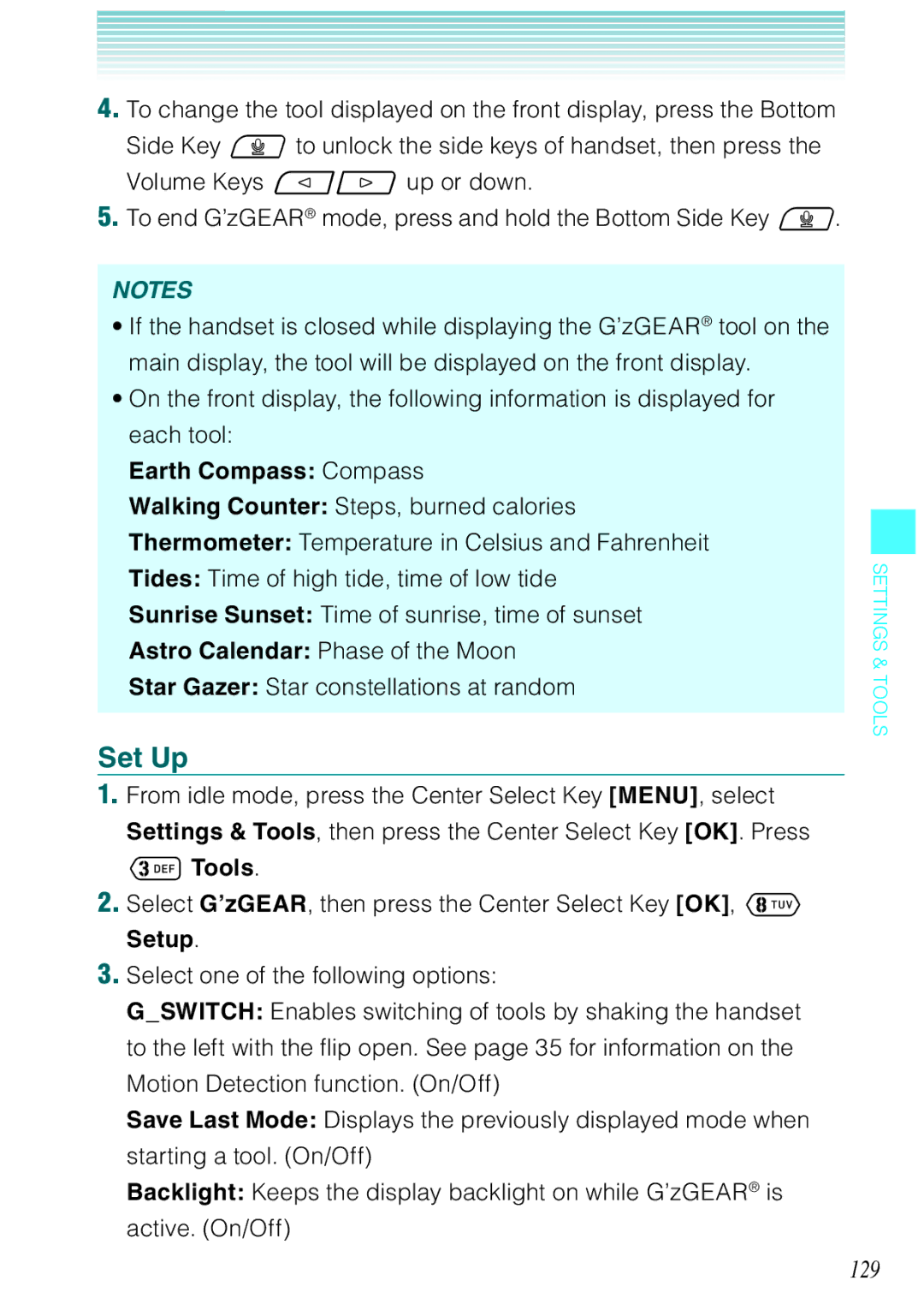 Casio Ravine manual Set Up, 129, Earth Compass Compass, Select G’zGEAR, then press the Center Select Key OK, Setup 