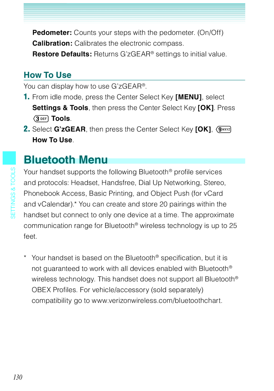 Casio Ravine manual Bluetooth Menu, How To Use, 130, You can display how to use G’zGEAR 