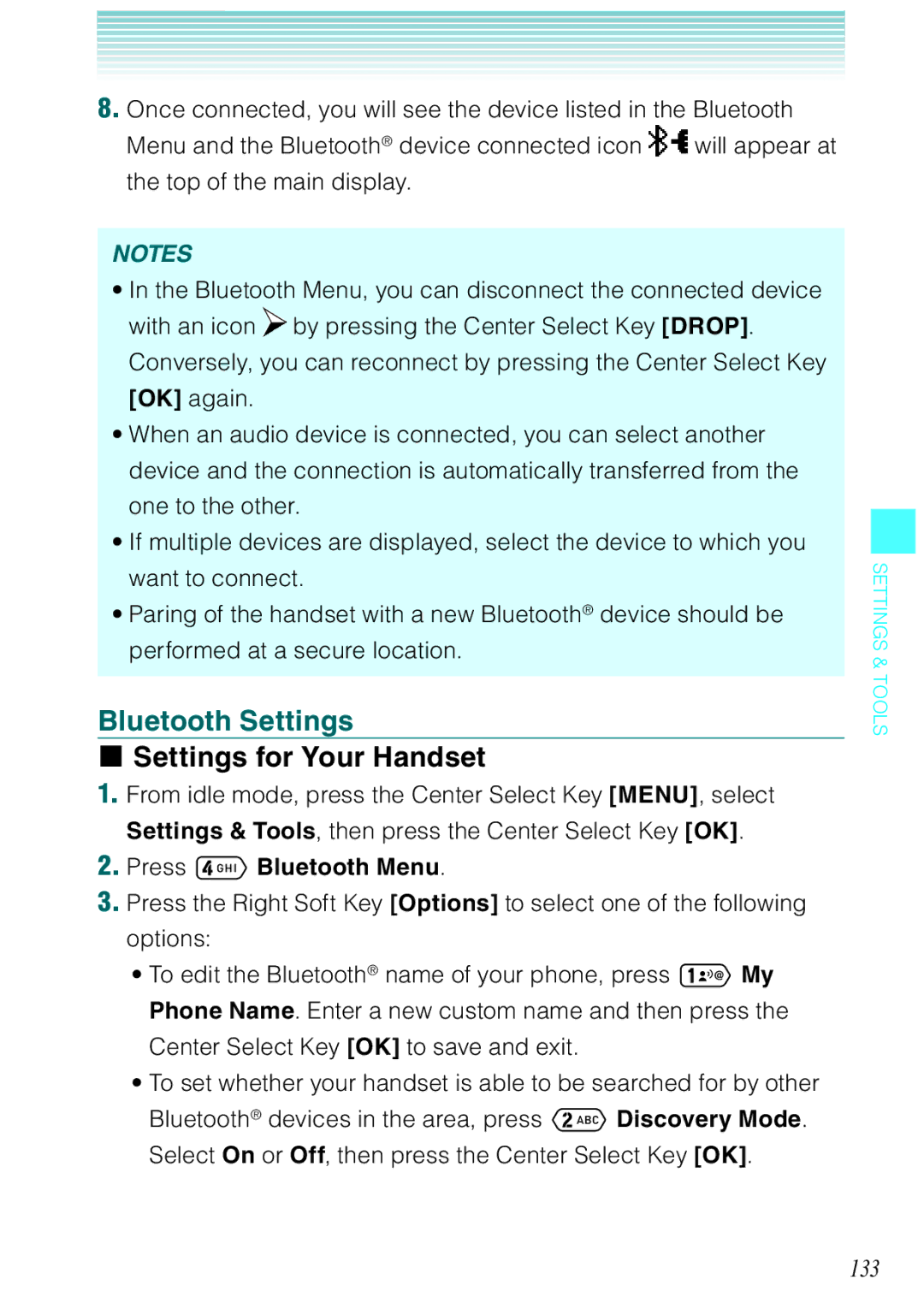 Casio Ravine manual Bluetooth Settings, Settings for Your Handset, 133 