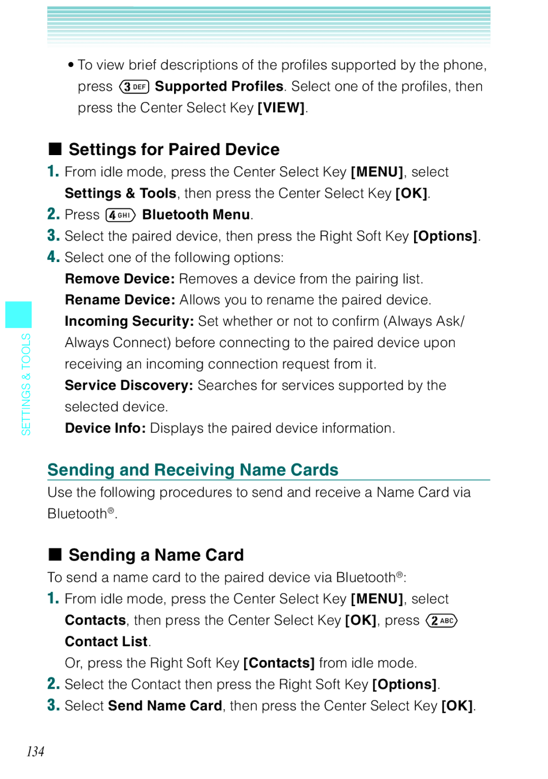 Casio Ravine manual Settings for Paired Device, Sending and Receiving Name Cards, Sending a Name Card, 134 