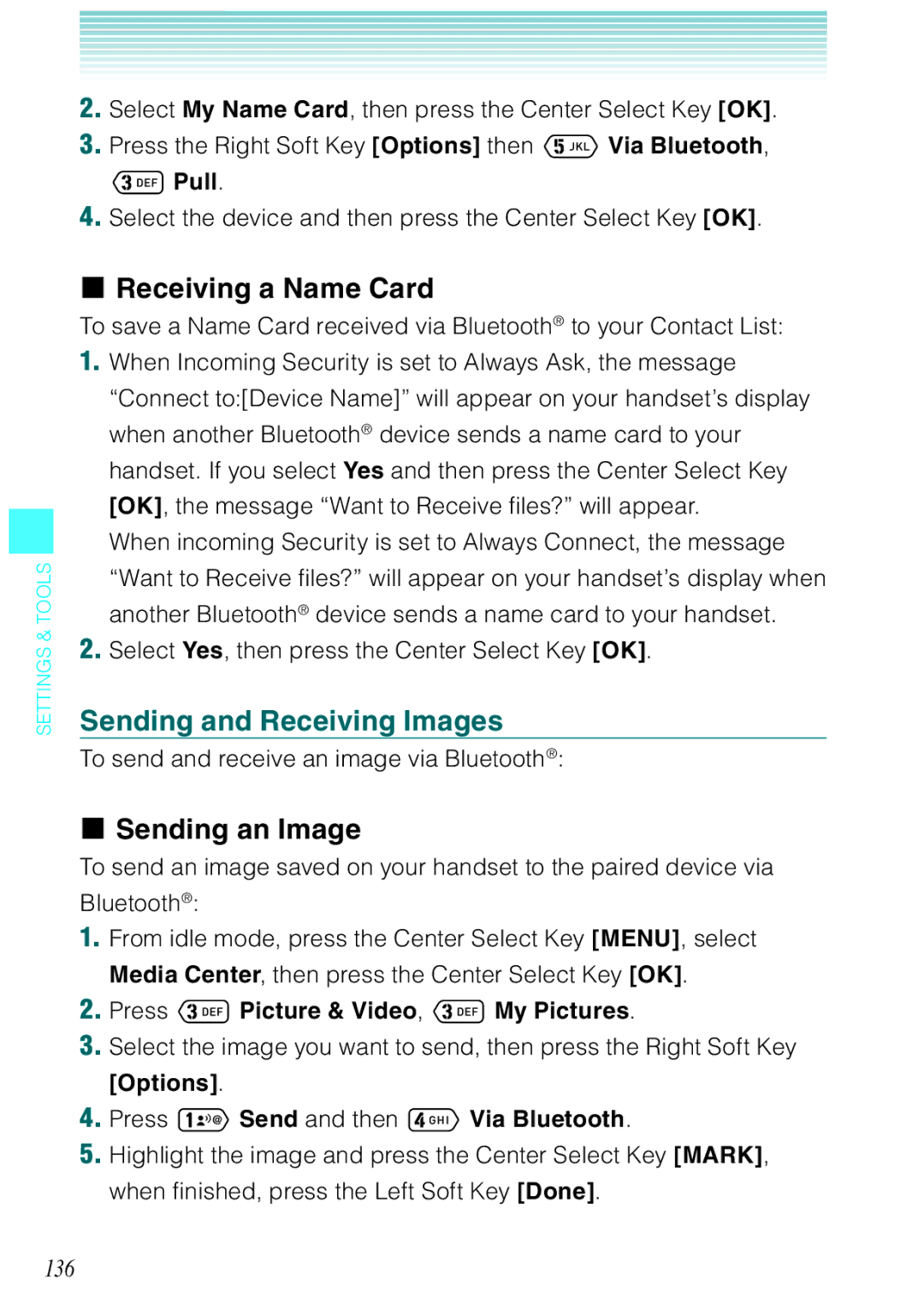 Casio Ravine manual Receiving a Name Card, Sending and Receiving Images, Sending an Image, 136 