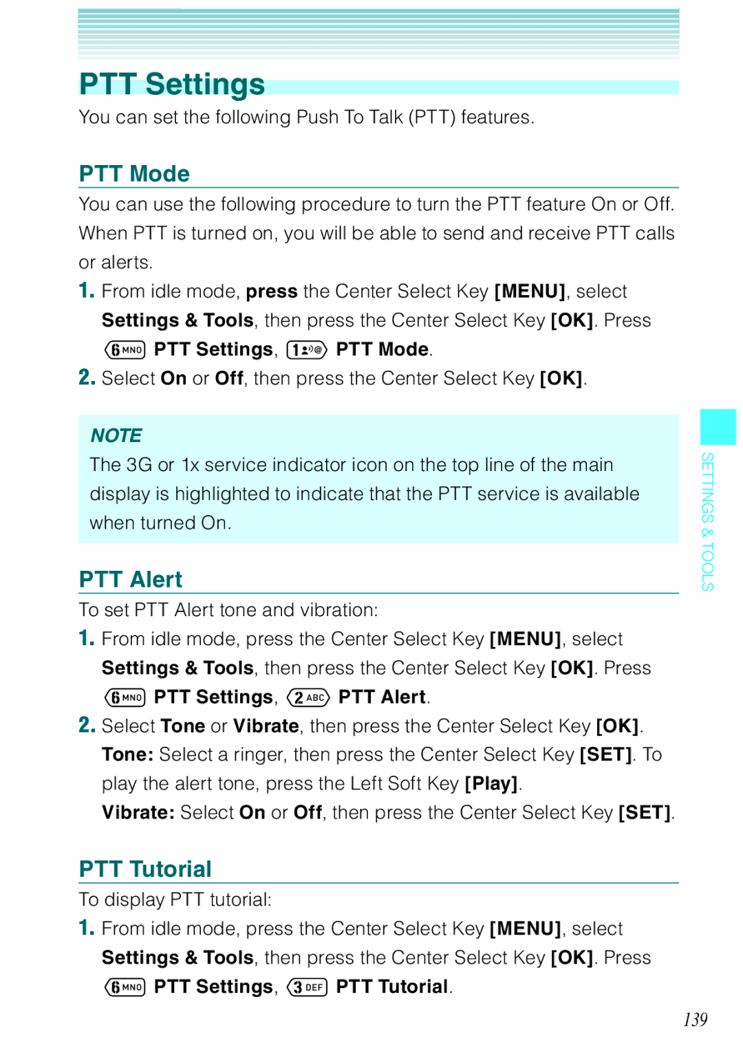 Casio Ravine manual PTT Settings, PTT Alert, PTT Tutorial, 139 