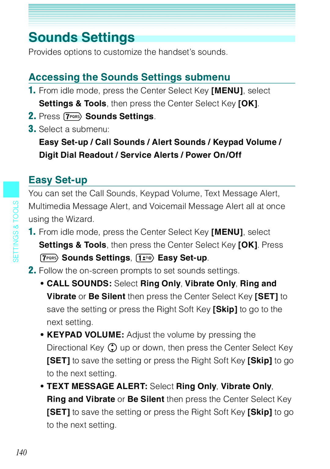 Casio Ravine manual Accessing the Sounds Settings submenu, Easy Set-up, 140 