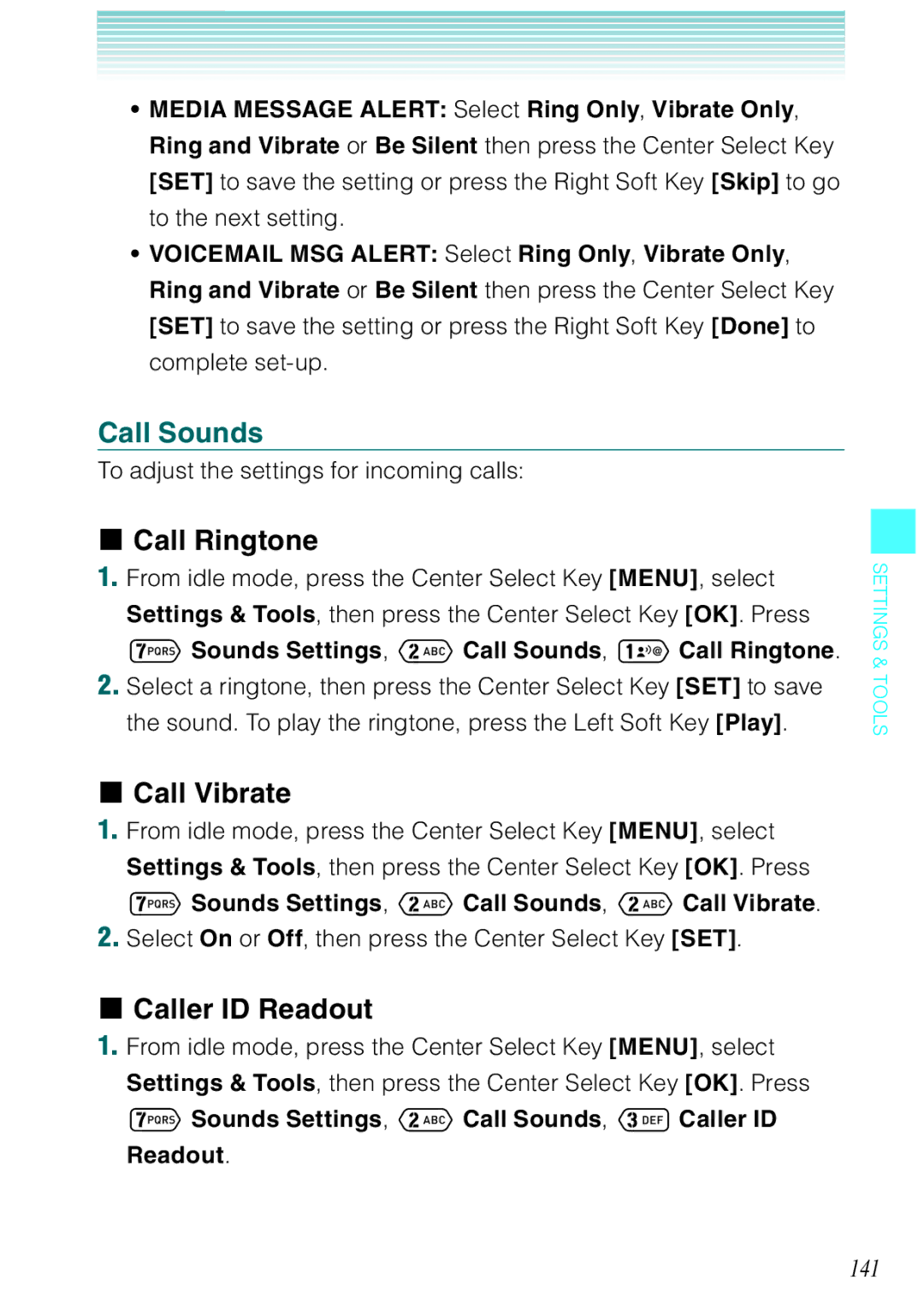 Casio Ravine manual Call Sounds, Call Ringtone, Call Vibrate, Caller ID Readout, 141 