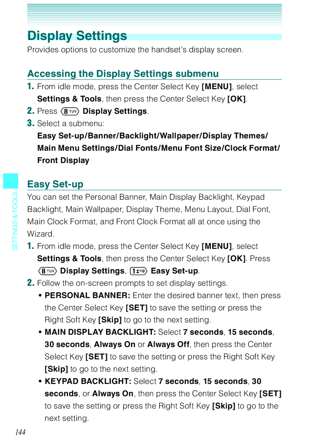 Casio Ravine Accessing the Display Settings submenu, 144, Press Display Settings, Display Settings, Easy Set-up 