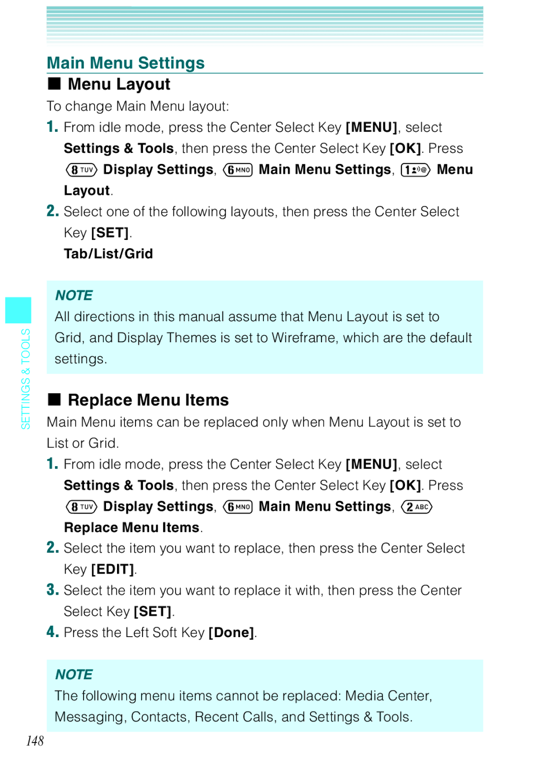 Casio Ravine manual Main Menu Settings, Menu Layout, Replace Menu Items, 148 