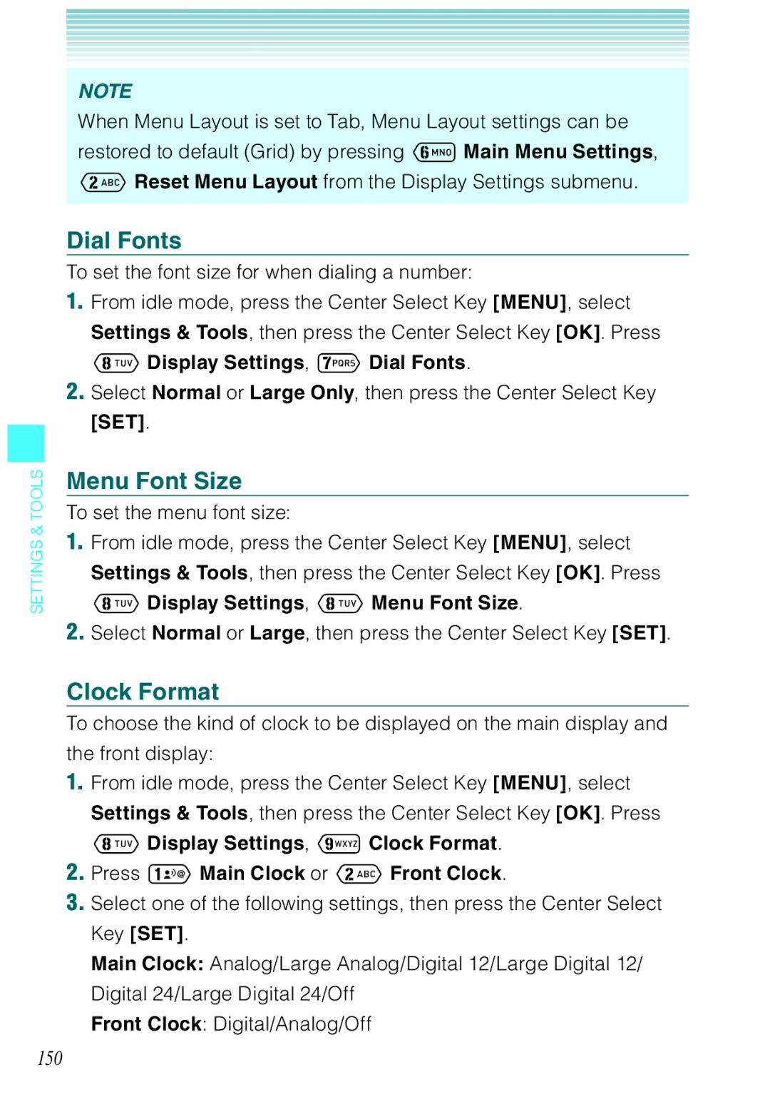 Casio Ravine manual Dial Fonts, Menu Font Size, Clock Format, 150 