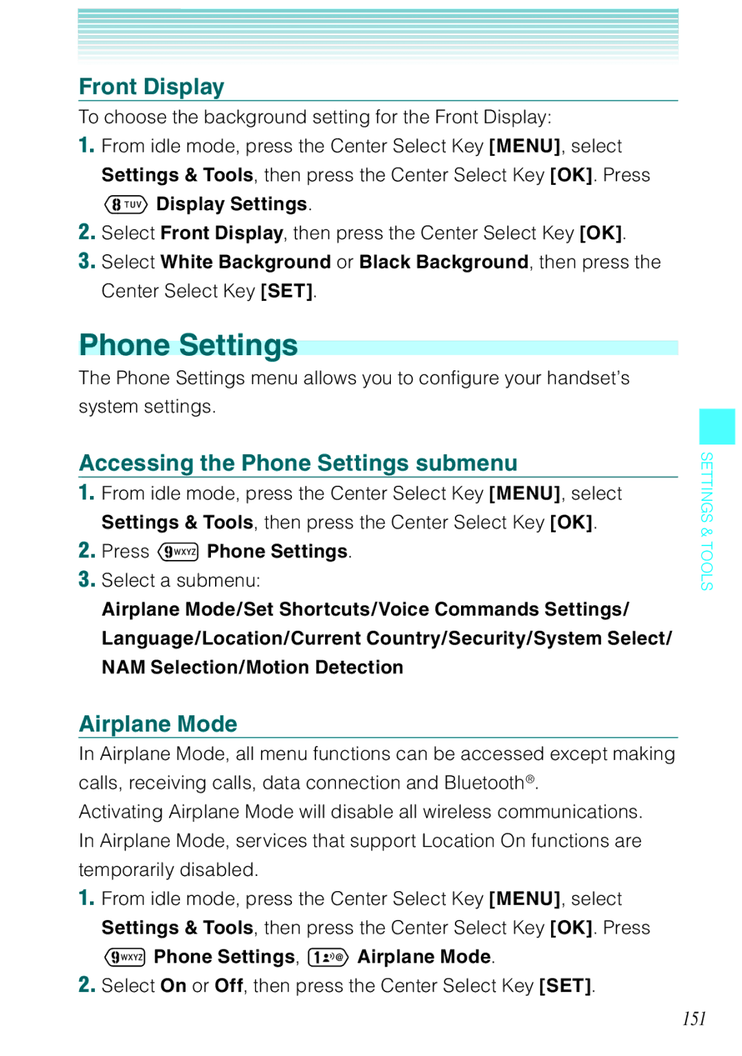 Casio Ravine manual Front Display, Accessing the Phone Settings submenu, Airplane Mode, 151 