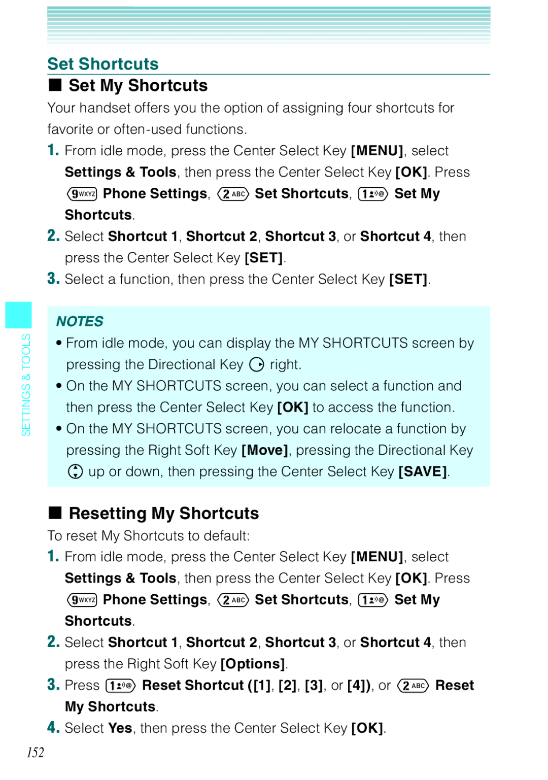 Casio Ravine manual Set Shortcuts, Set My Shortcuts, Resetting My Shortcuts, 152, To reset My Shortcuts to default 