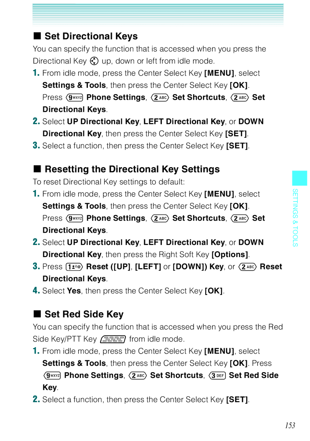 Casio Ravine manual Set Directional Keys, Resetting the Directional Key Settings, Set Red Side Key, 153 