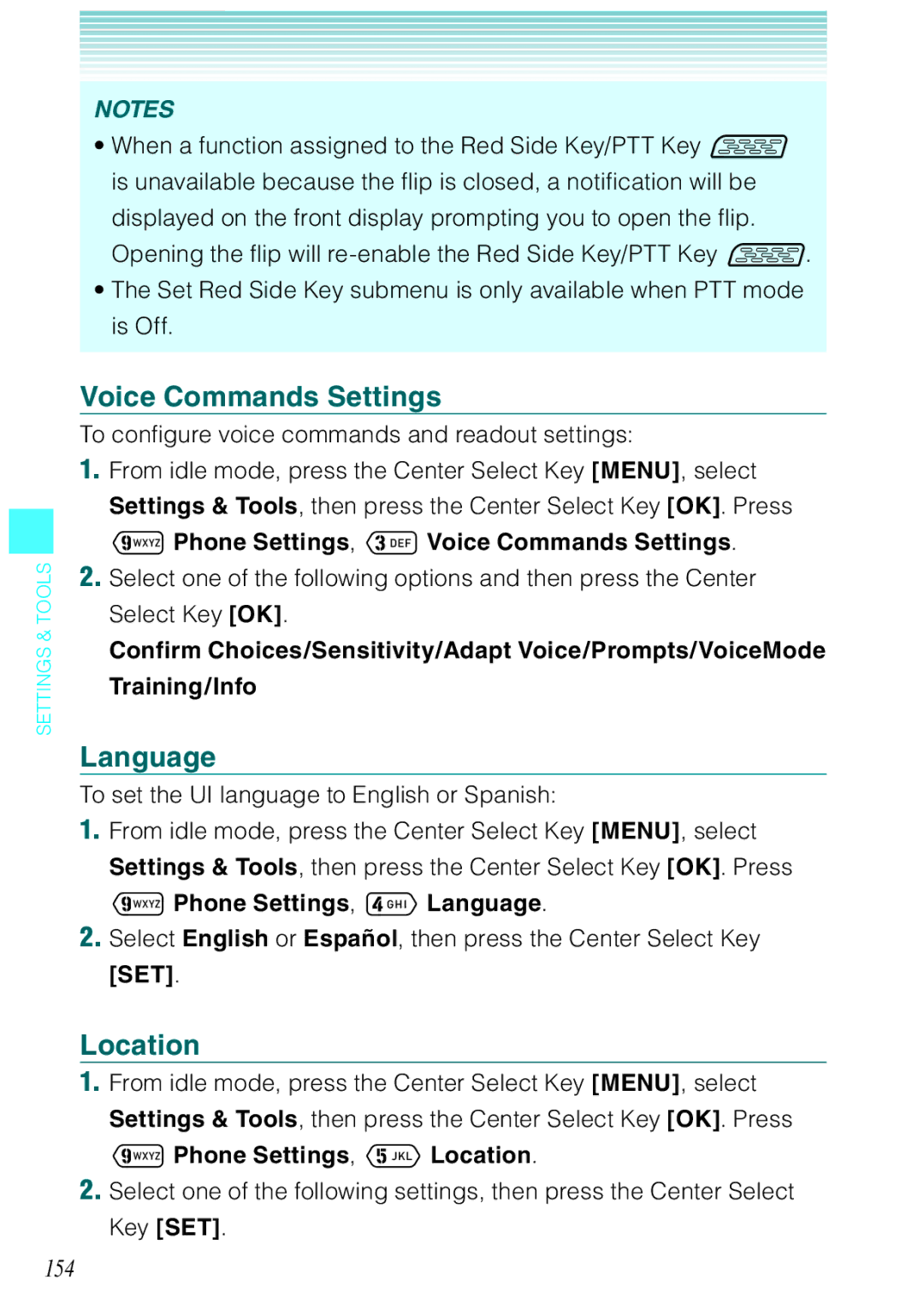 Casio Ravine manual Voice Commands Settings, Language, Location, 154 