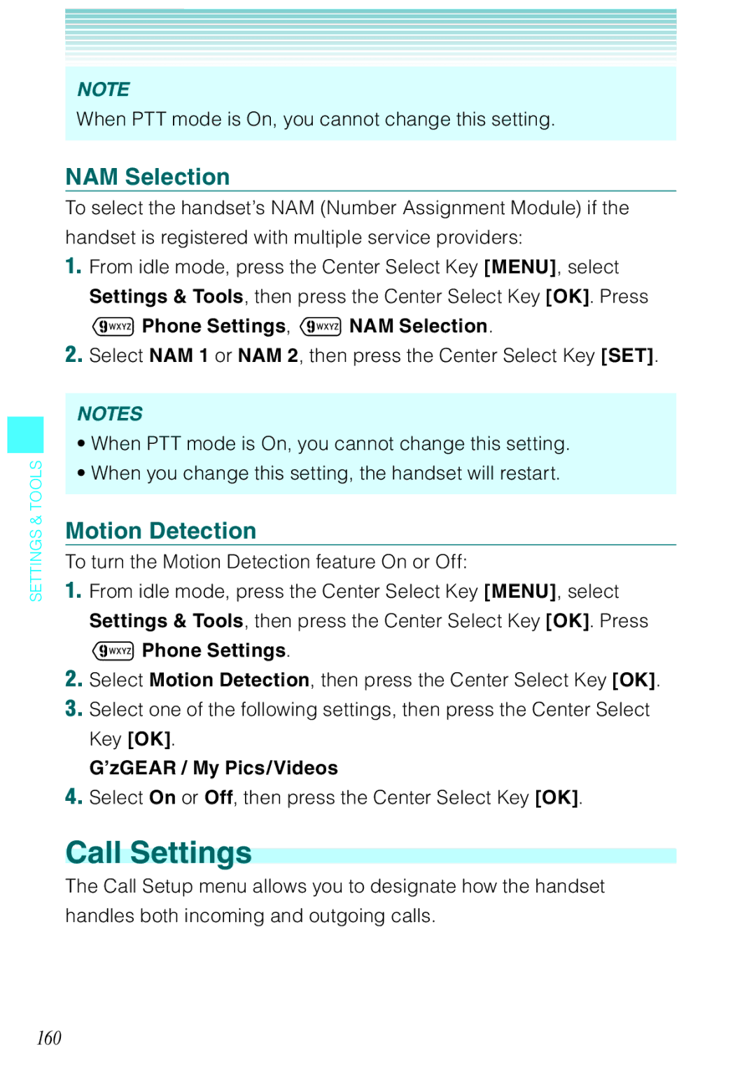 Casio Ravine manual Call Settings, Motion Detection, 160, Phone Settings, NAM Selection 