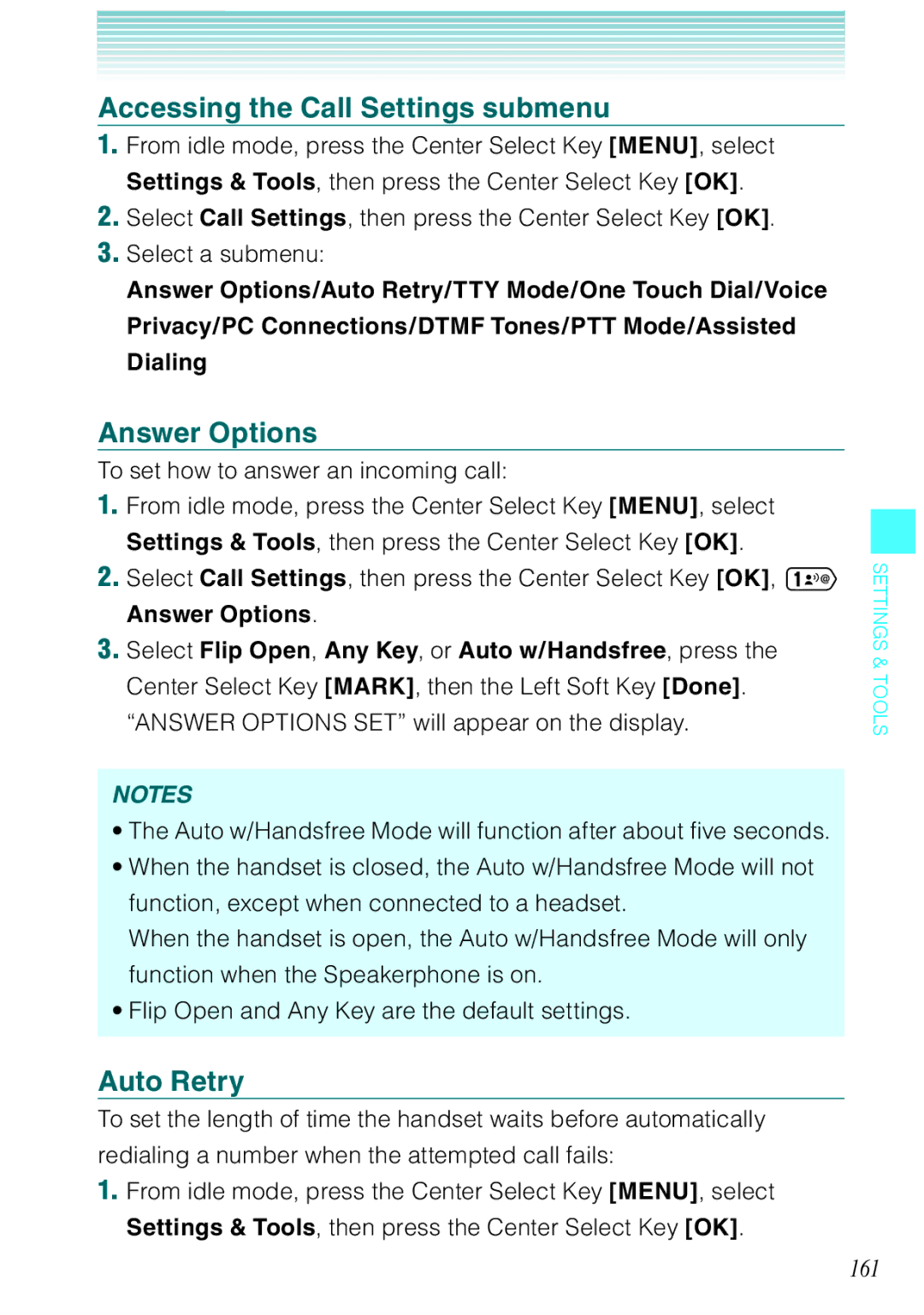 Casio Ravine manual Accessing the Call Settings submenu, Answer Options, Auto Retry, 161 