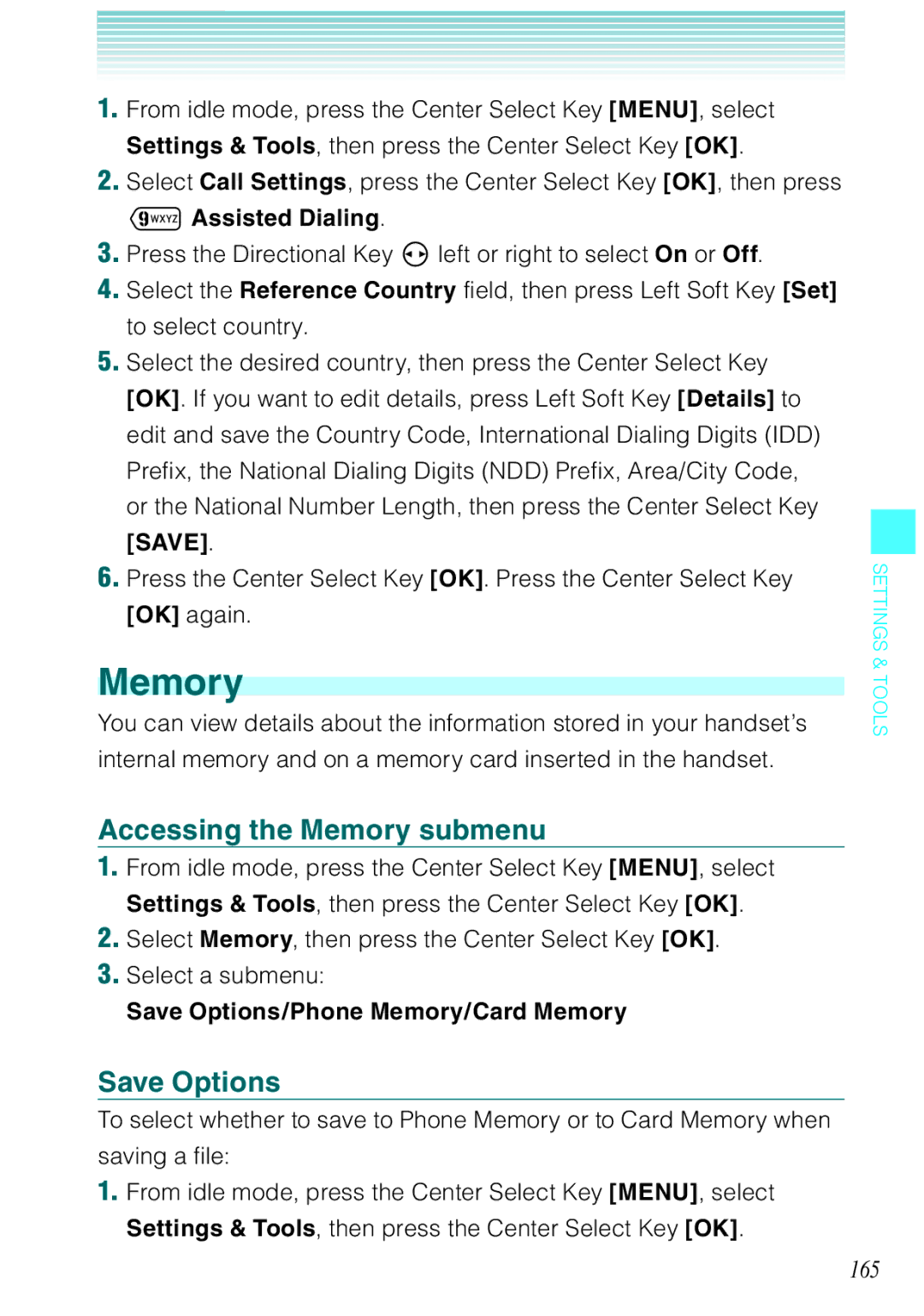 Casio Ravine manual Accessing the Memory submenu, Save Options, 165 