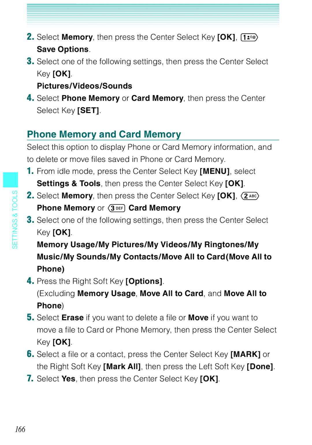 Casio Ravine manual Phone Memory and Card Memory, 166, Save Options, Pictures/Videos/Sounds, Phone Memory or Card Memory 