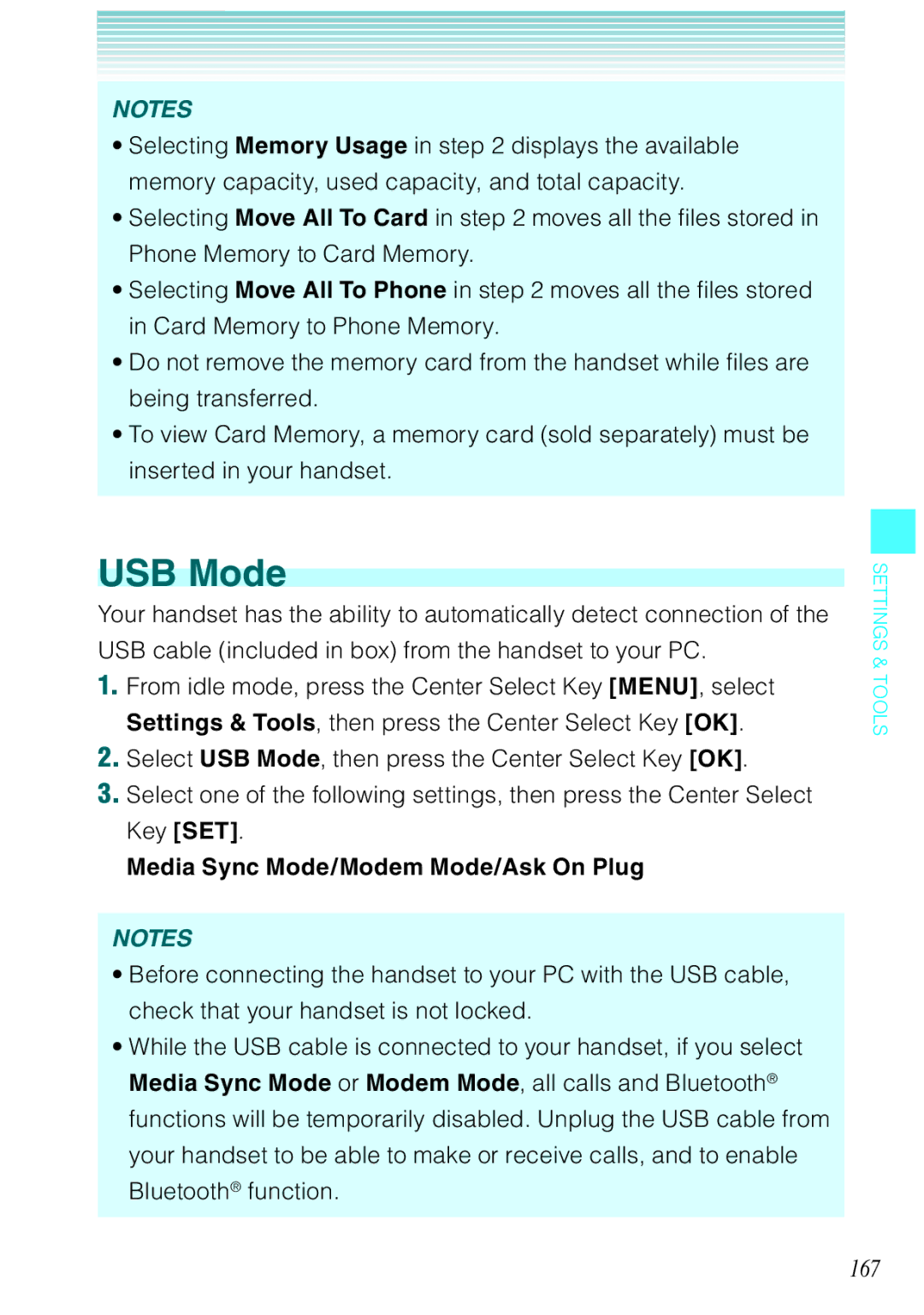 Casio Ravine manual USB Mode, 167, Media Sync Mode/Modem Mode/Ask On Plug 