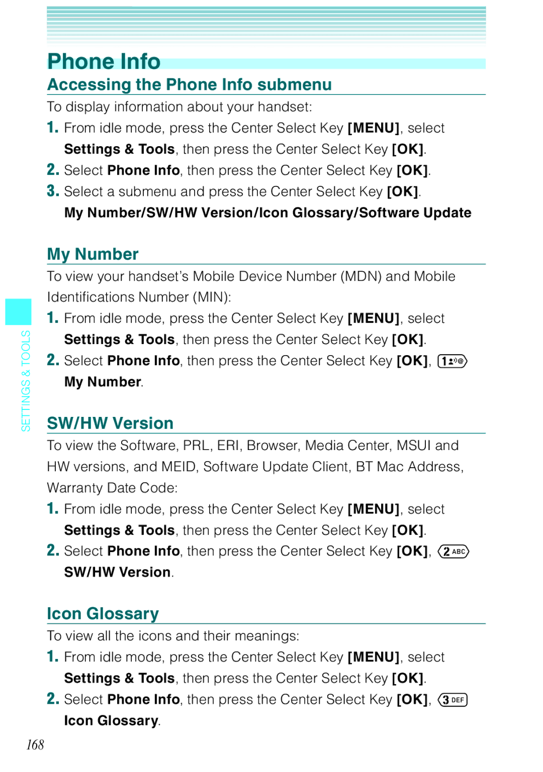 Casio Ravine manual Accessing the Phone Info submenu, My Number, SW/HW Version, Icon Glossary 