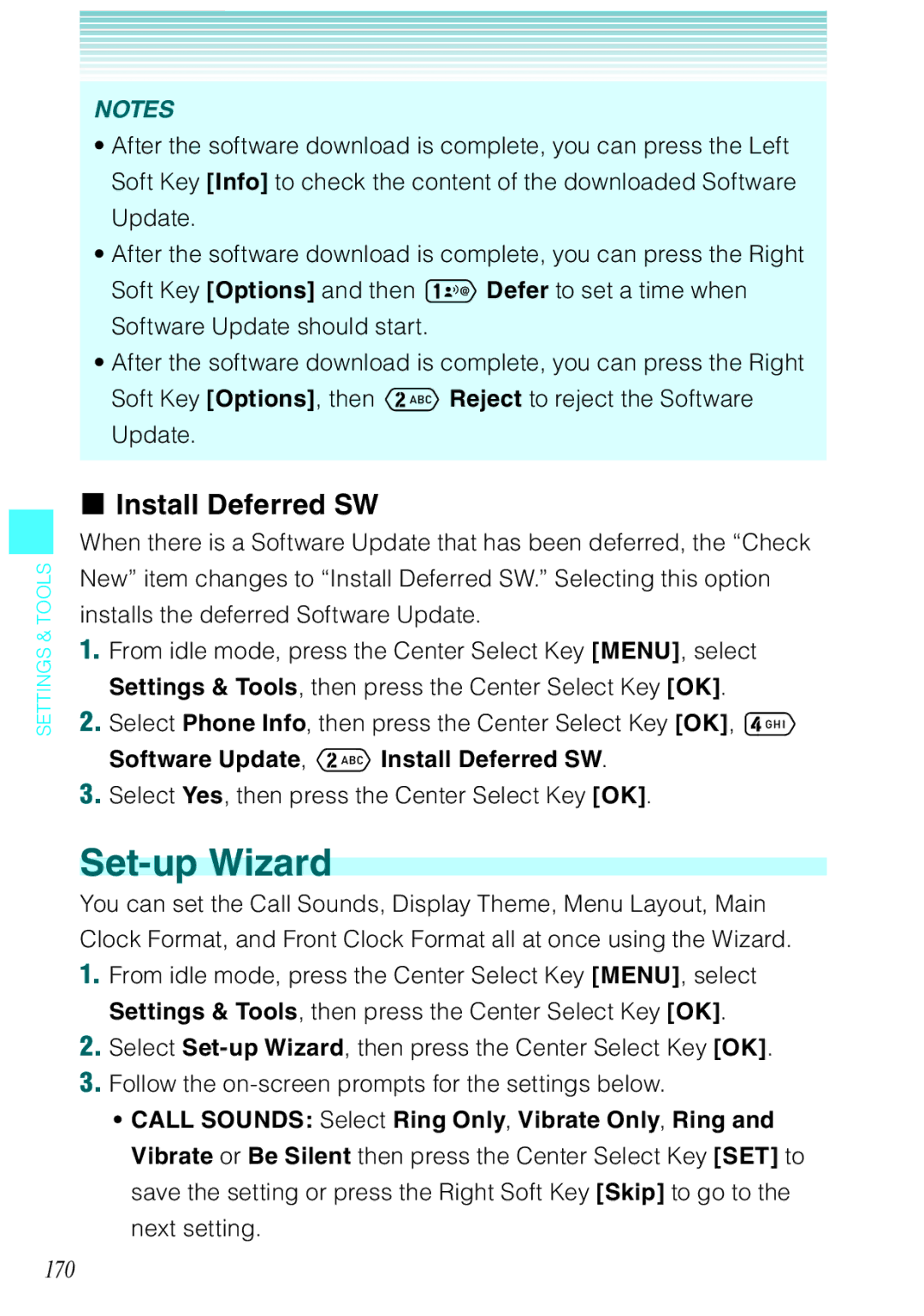 Casio Ravine manual Set-up Wizard, 170, Software Update, Install Deferred SW 