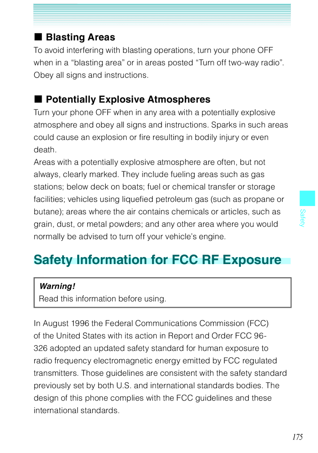 Casio Ravine manual Safety Information for FCC RF Exposure, Blasting Areas, Potentially Explosive Atmospheres, 175 