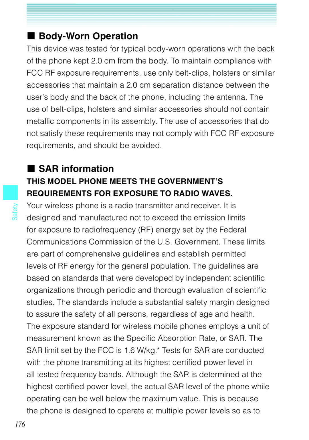 Casio Ravine manual Body-Worn Operation, SAR information, 176 