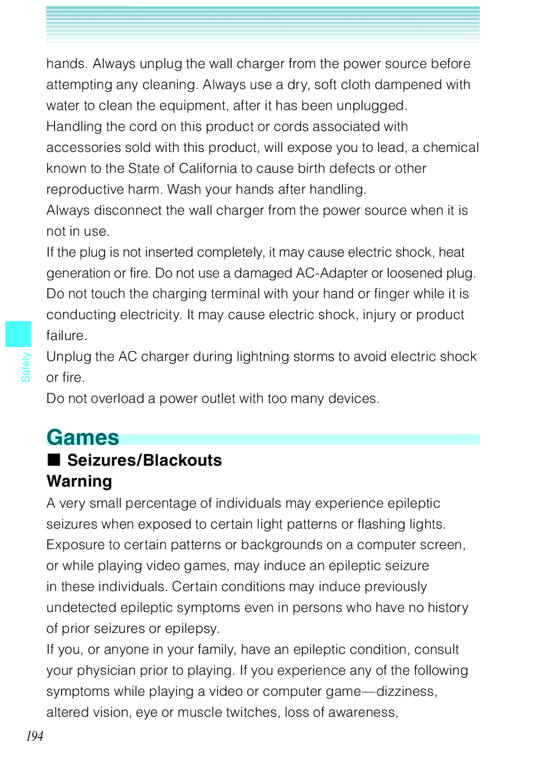 Casio Ravine manual Seizures/Blackouts Warning, 194 