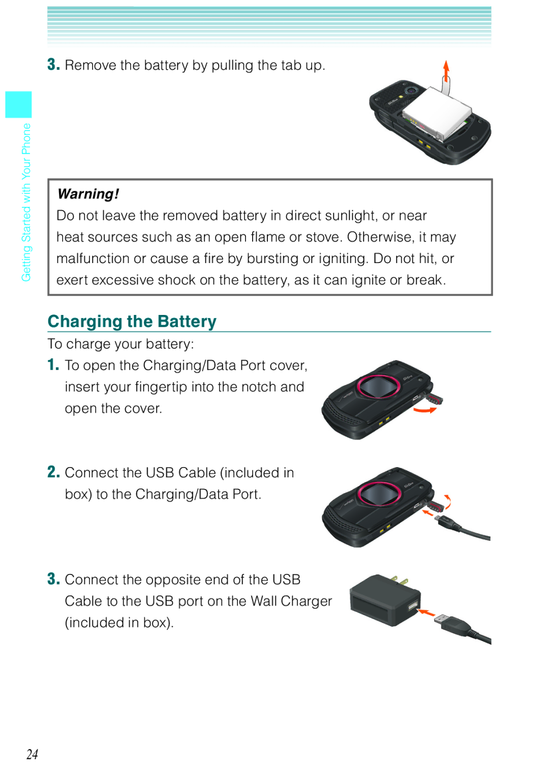 Casio Ravine manual Charging the Battery, Remove the battery by pulling the tab up 