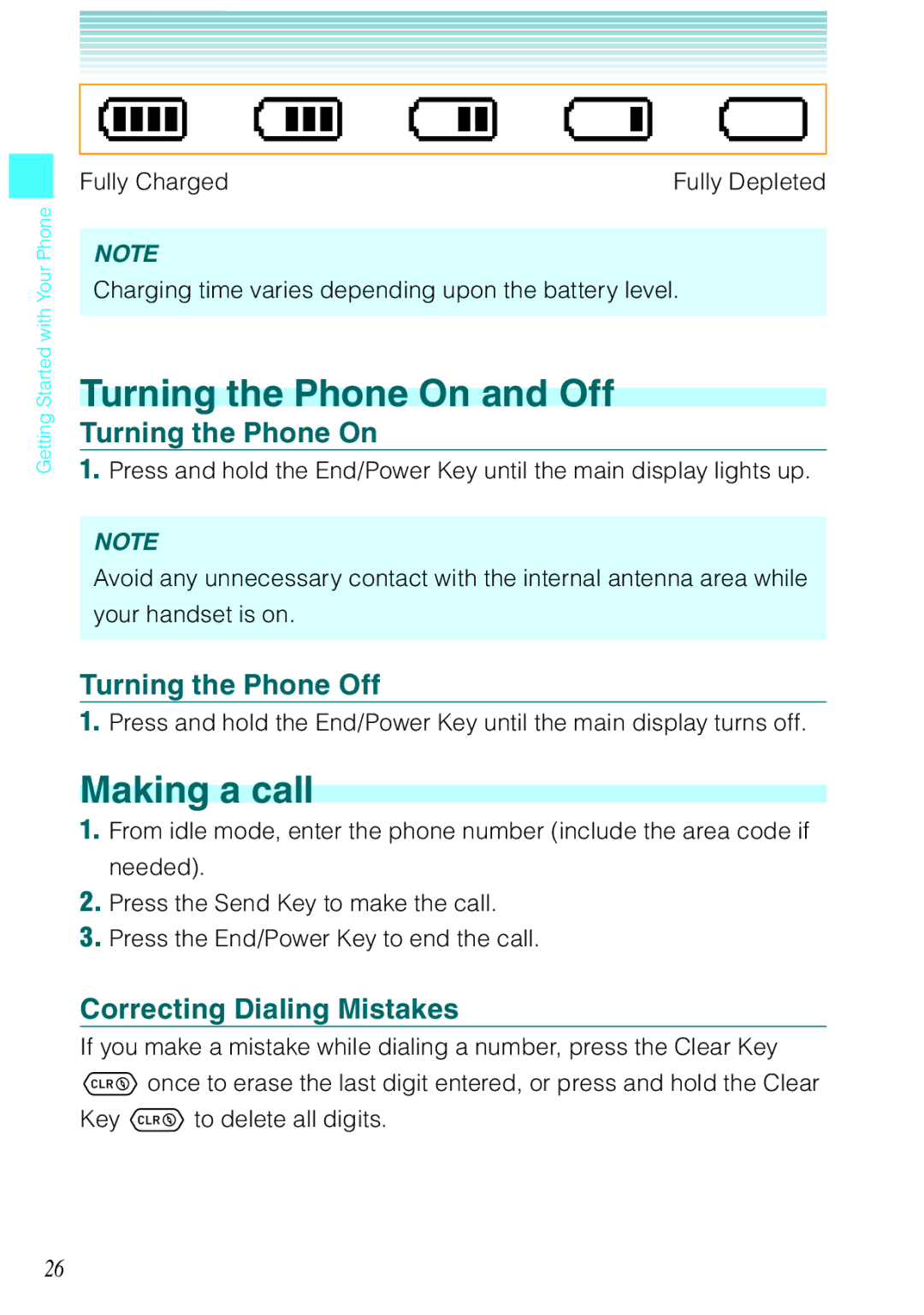 Casio Ravine manual Turning the Phone On and Off, Making a call, Turning the Phone Off, Correcting Dialing Mistakes 