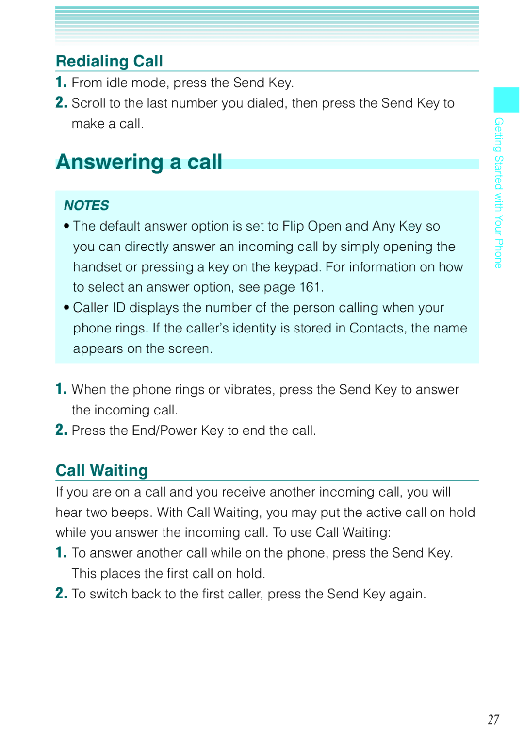 Casio Ravine manual Answering a call, Redialing Call, Call Waiting 