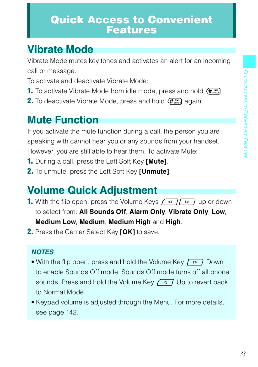 Casio Ravine manual Vibrate Mode, Mute Function, Volume Quick Adjustment 