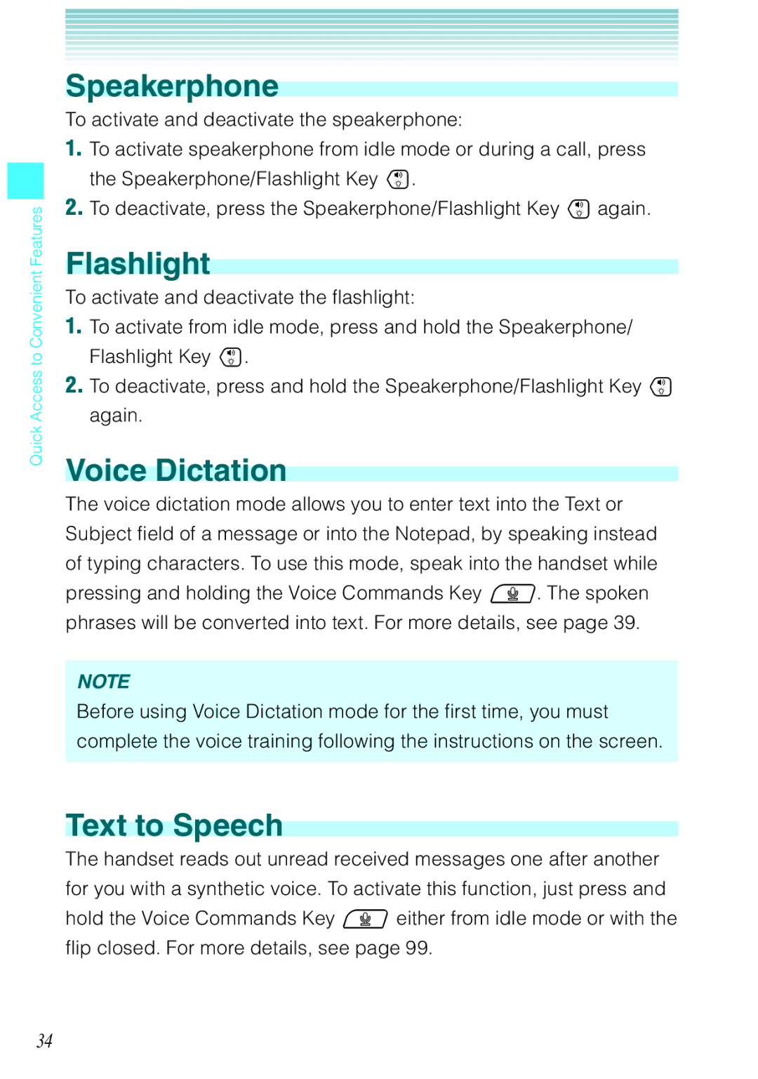 Casio Ravine manual Speakerphone, Flashlight, Voice Dictation, Text to Speech 