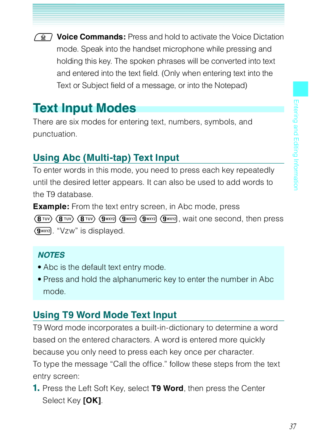 Casio Ravine manual Text Input Modes, Using Abc Multi-tap Text Input, Using T9 Word Mode Text Input 