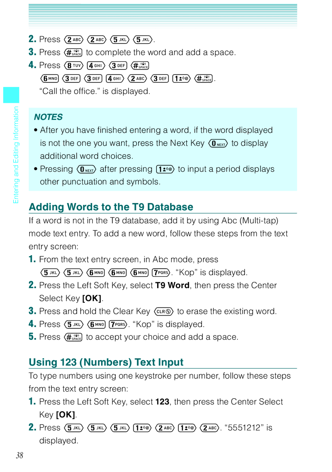 Casio Ravine manual Adding Words to the T9 Database, Using 123 Numbers Text Input, Press  