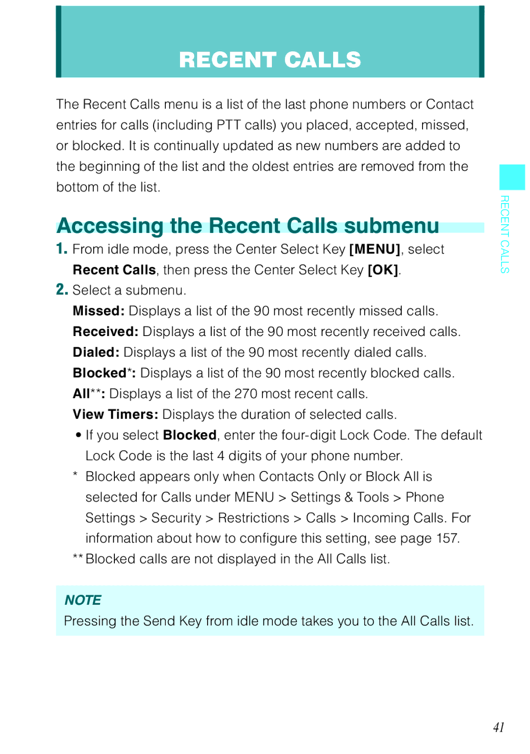 Casio Ravine manual Accessing the Recent Calls submenu 