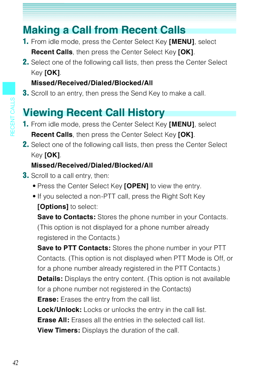 Casio Ravine manual Making a Call from Recent Calls, Viewing Recent Call History, Missed/Received/Dialed/Blocked/All 