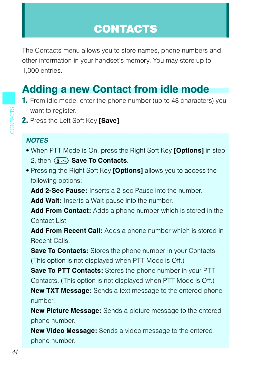 Casio Ravine manual Contacts, Adding a new Contact from idle mode 