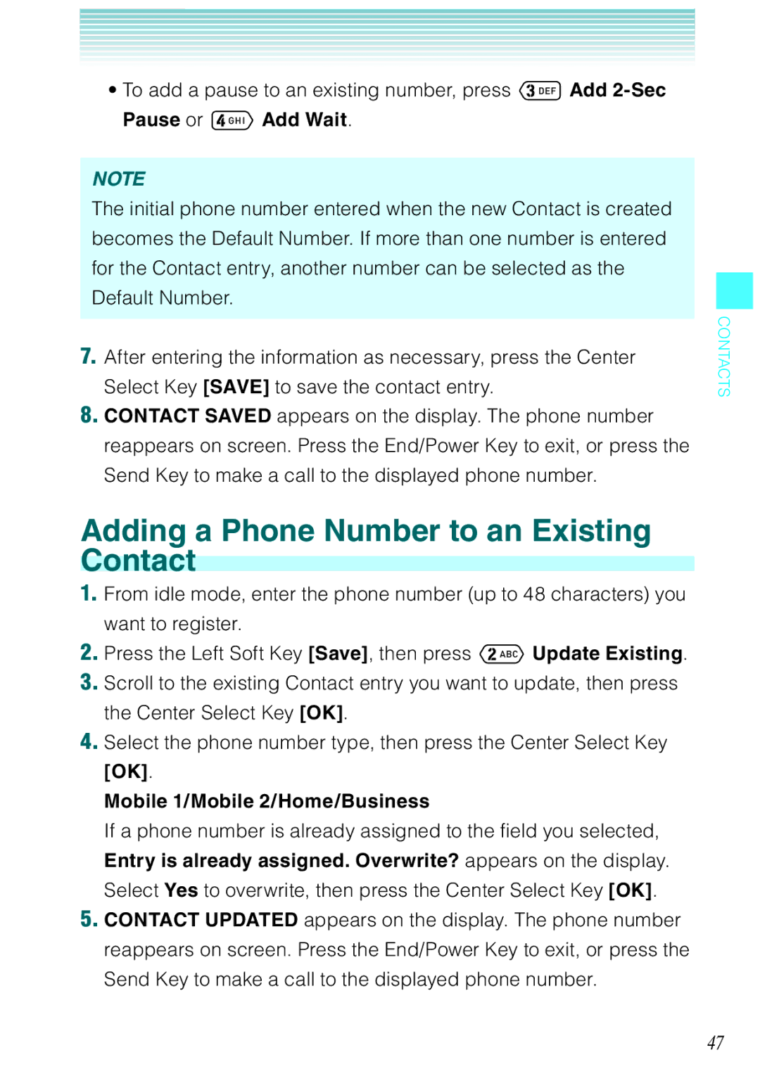 Casio Ravine manual Adding a Phone Number to an Existing Contact 