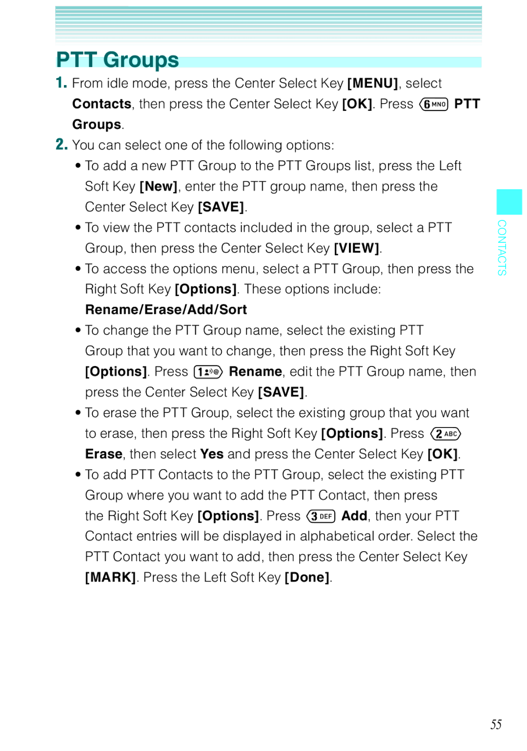 Casio Ravine manual PTT Groups, From idle mode, press the Center Select Key MENU, select, Rename/Erase/Add/Sort 