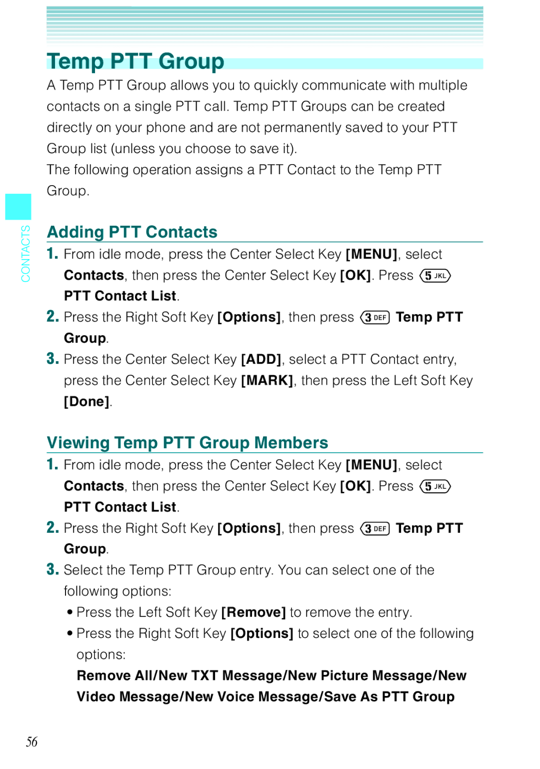 Casio Ravine manual Adding PTT Contacts, Viewing Temp PTT Group Members 