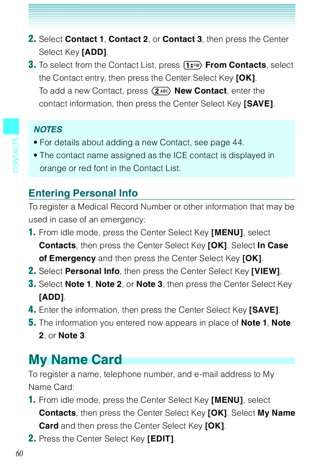 Casio Ravine manual My Name Card, Entering Personal Info 