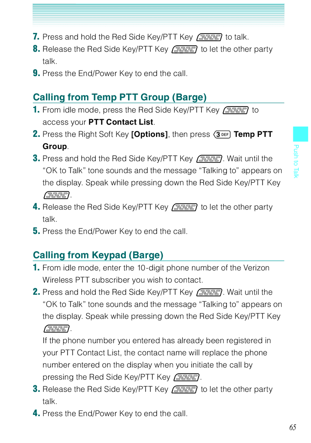 Casio Ravine manual Calling from Temp PTT Group Barge, Calling from Keypad Barge 