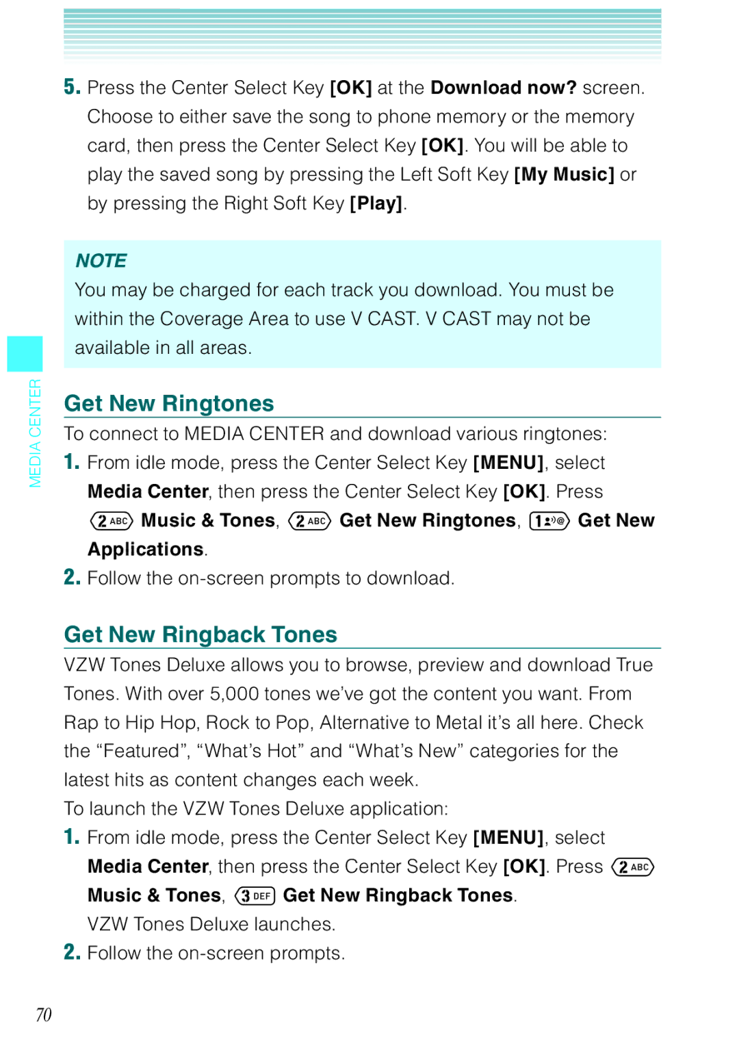 Casio Ravine manual Get New Ringback Tones, Music & Tones, Get New Ringtones, Get New Applications 