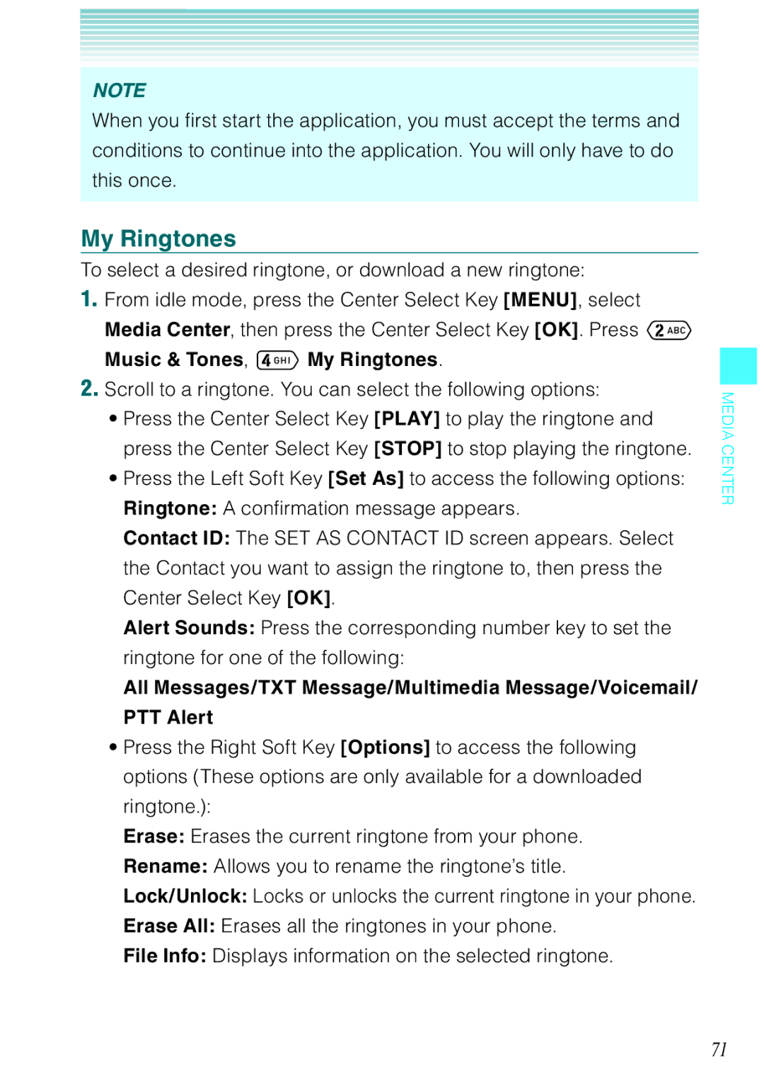 Casio Ravine manual Music & Tones, My Ringtones, Scroll to a ringtone. You can select the following options 