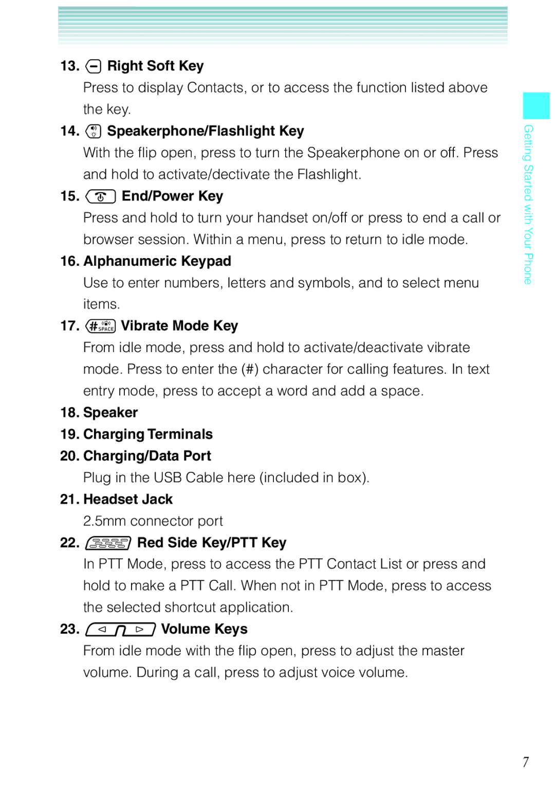 Casio Ravine 13. Right Soft Key, 14. Speakerphone/Flashlight Key, 15. End/Power Key, Alphanumeric Keypad, Headset Jack 