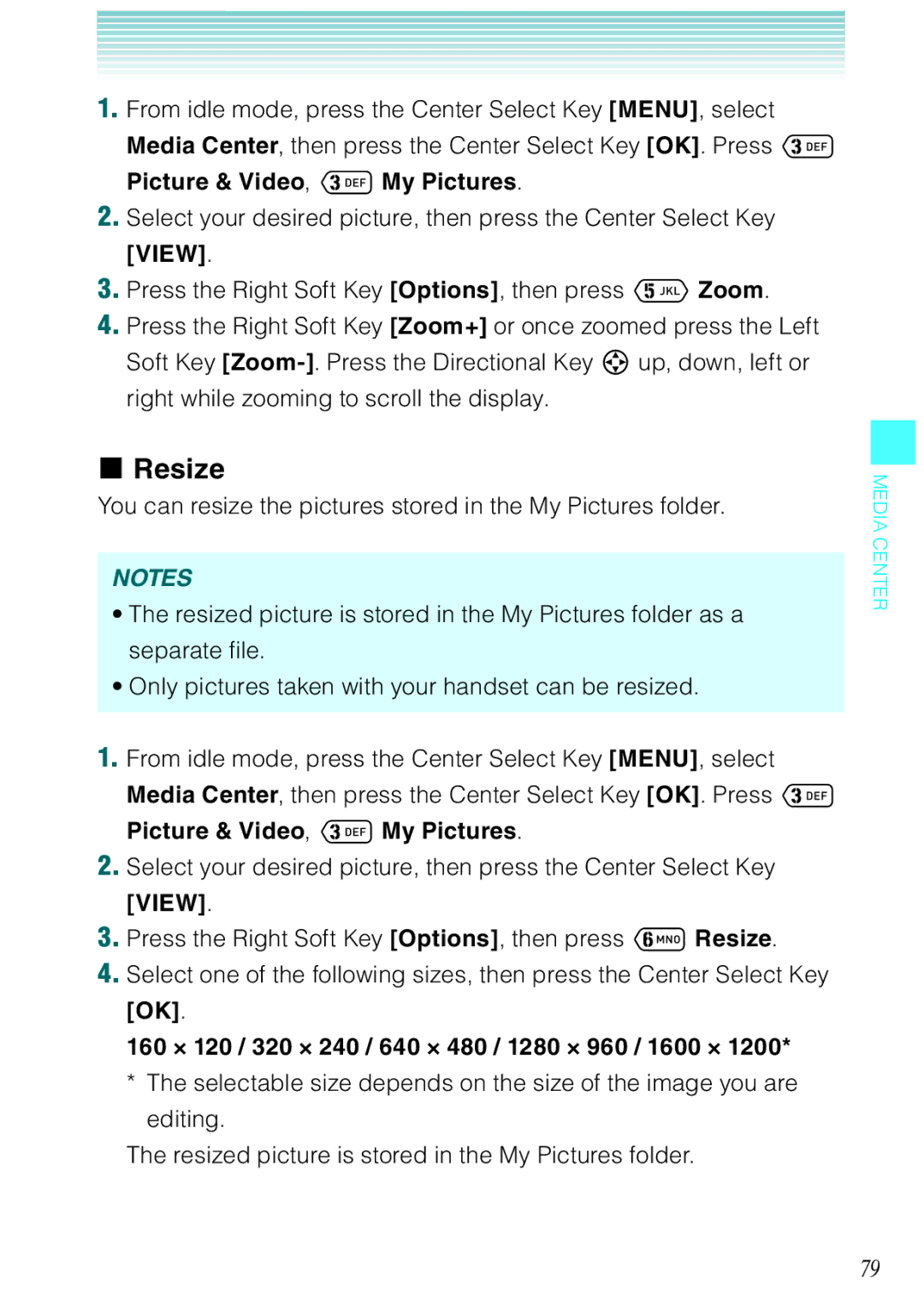 Casio Ravine manual Resize, Press the Right Soft Key Options, then press 