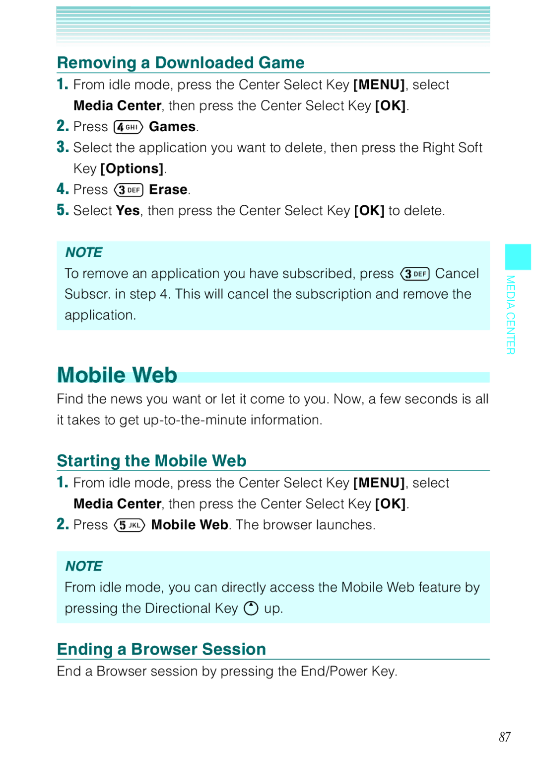 Casio Ravine manual Removing a Downloaded Game, Starting the Mobile Web, Ending a Browser Session 