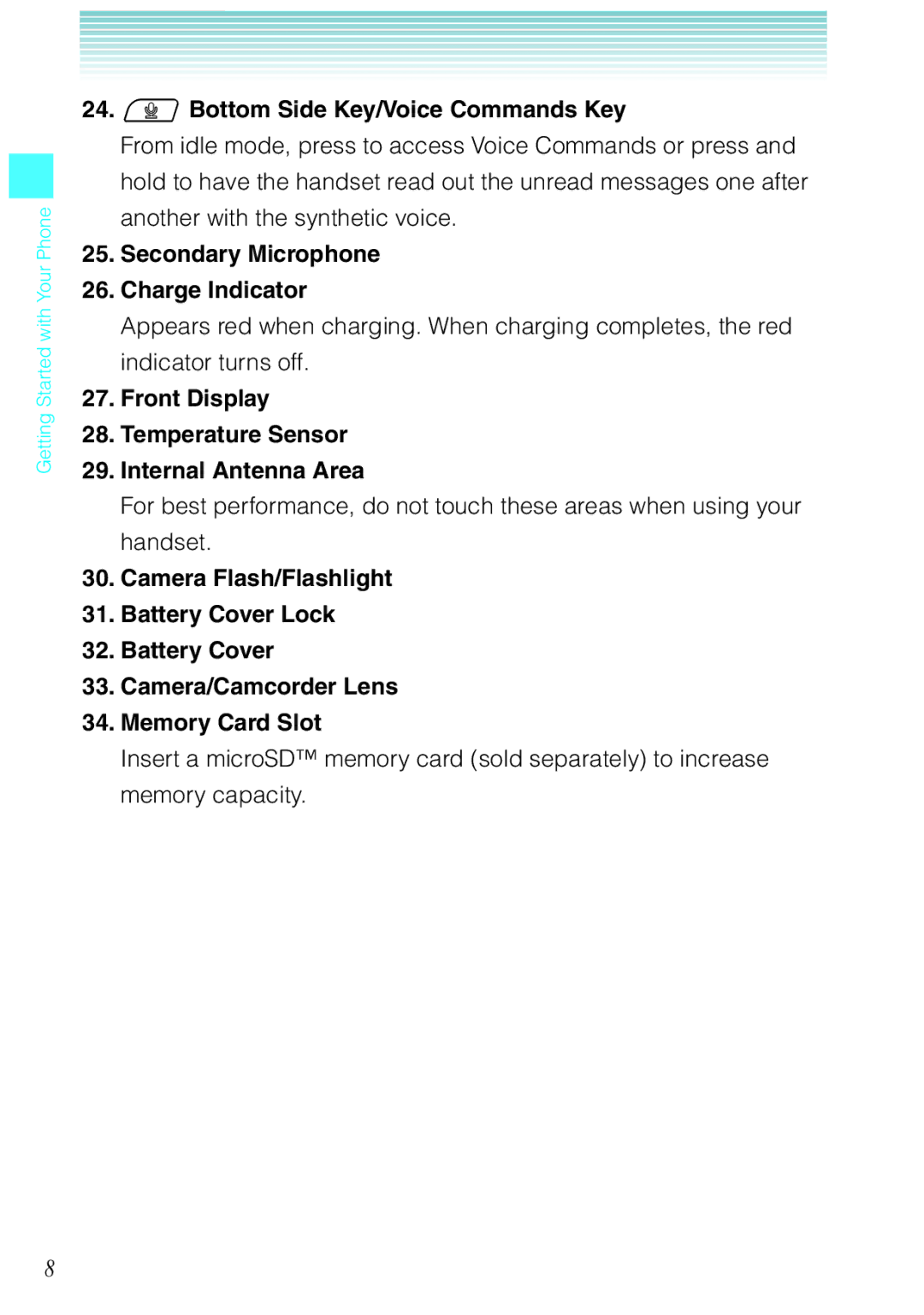 Casio Ravine manual 24. Bottom Side Key/Voice Commands Key, Secondary Microphone Charge Indicator 