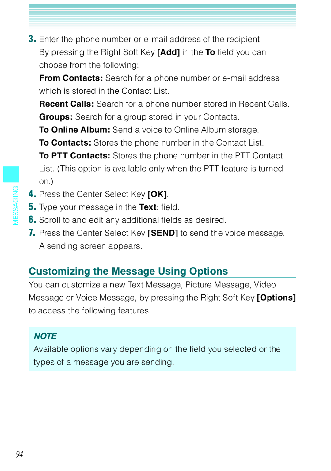 Casio Ravine manual Customizing the Message Using Options 